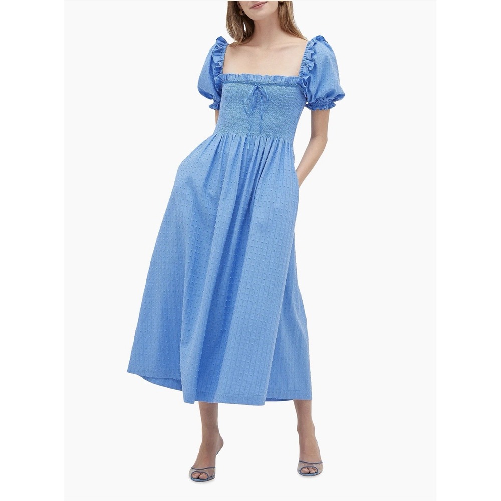 Hill House Home Scarlett Midi Nap Dress M Hydrangea Blue Smocked Swiss Dot NWT
